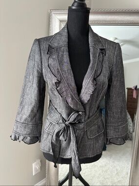 White House Black Market Charcoal Ruffle-Trim Tie-Waist Blazer